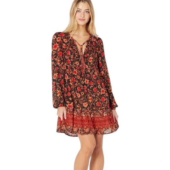 Billabong Dresses & Skirts - Billabong hearts desire slowly long sleeve mini dress black brown red floral